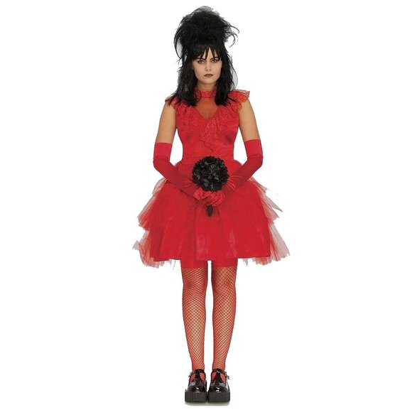 Beetle Bride Costume Womens Size L Red Wedding Dress and Veil - Picture 8 of 8